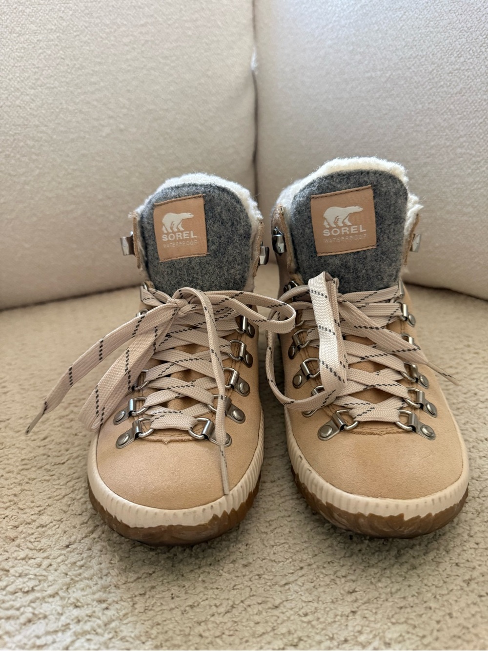 Sorel tan Lace-Up Winter Boots with Gray Wool Collar